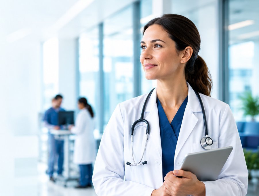 Physician in a modern hospital corridor reviewing a tablet